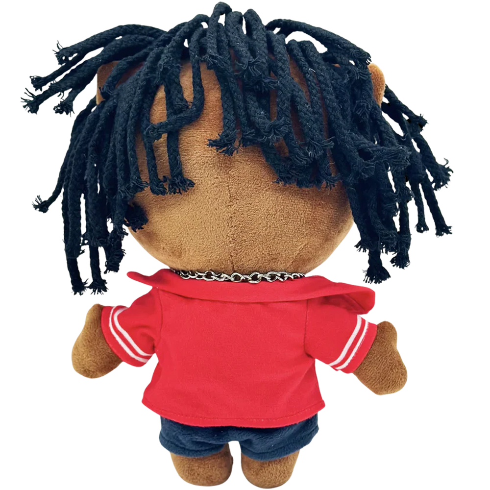 THE 21 rapper plush collectible, hip-hop soft sculpture showing signature facial script, braided dreadlocks and silver Cuban link chain