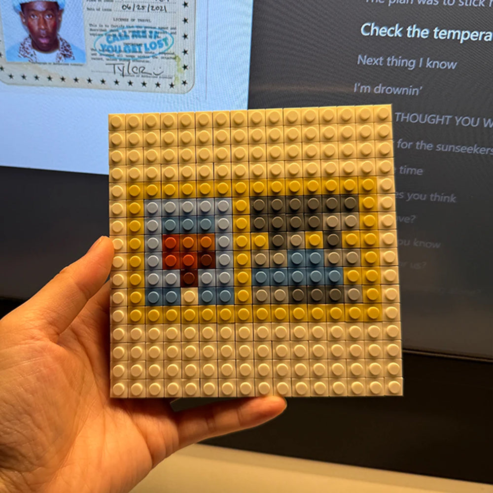 Album cover pixel mosaic in building bricks — vibrant DIY music wall art set