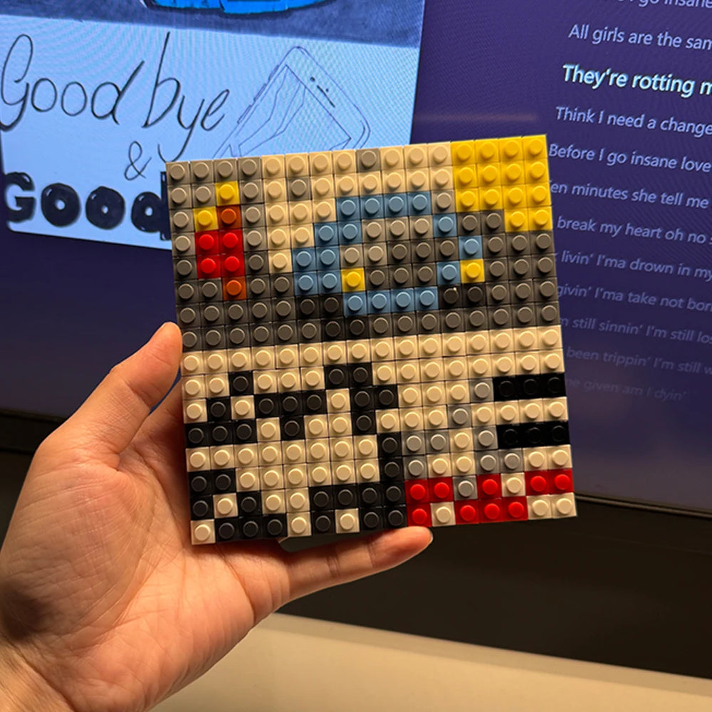Pixel building block album cover mosaic — bright brick art for music room decor