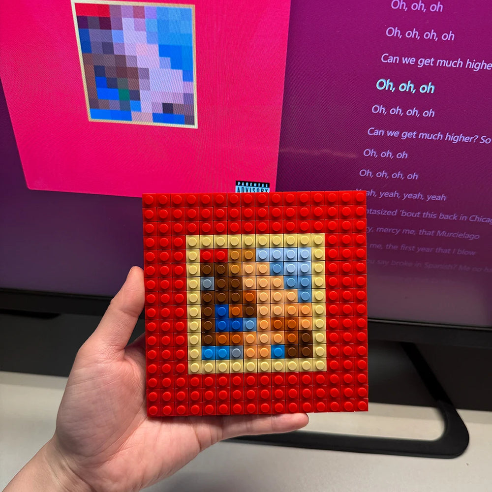 Album cover pixel mosaic in building bricks — vibrant DIY music wall art set