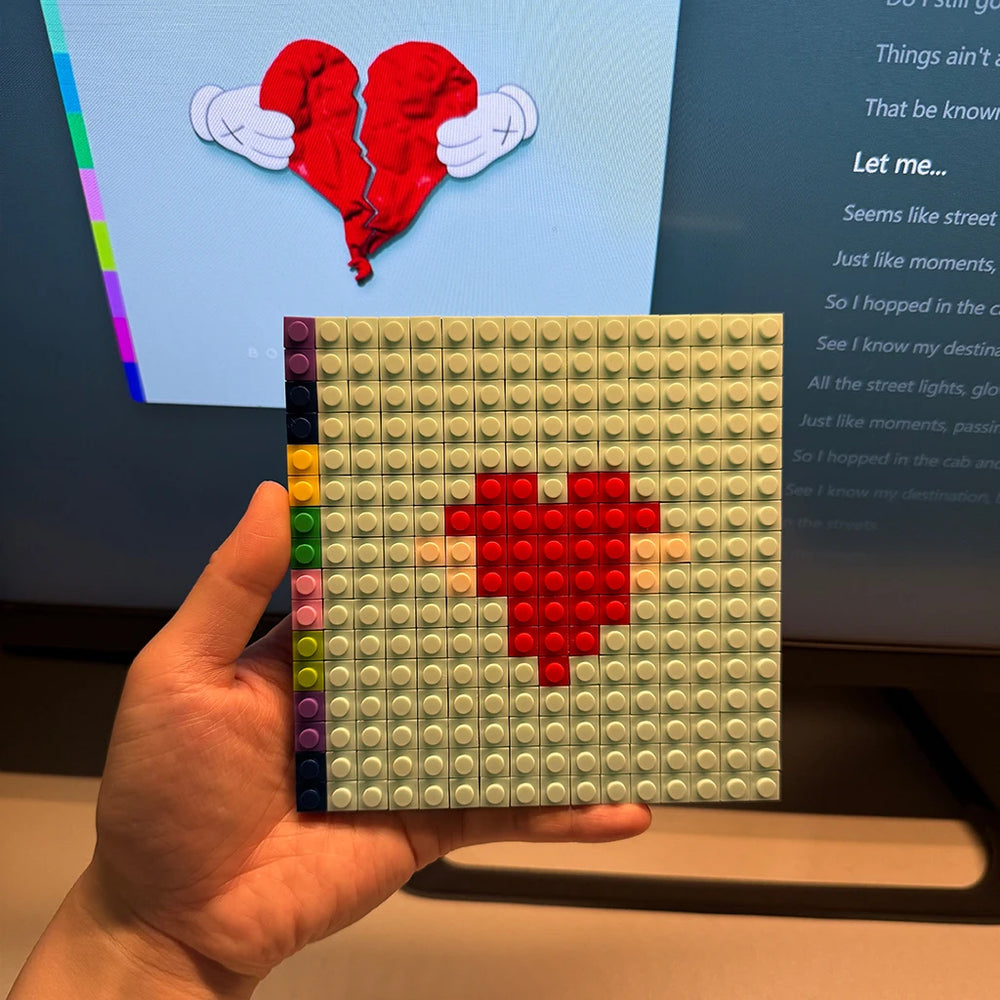 Album cover pixel mosaic in building bricks — vibrant DIY music wall art set
