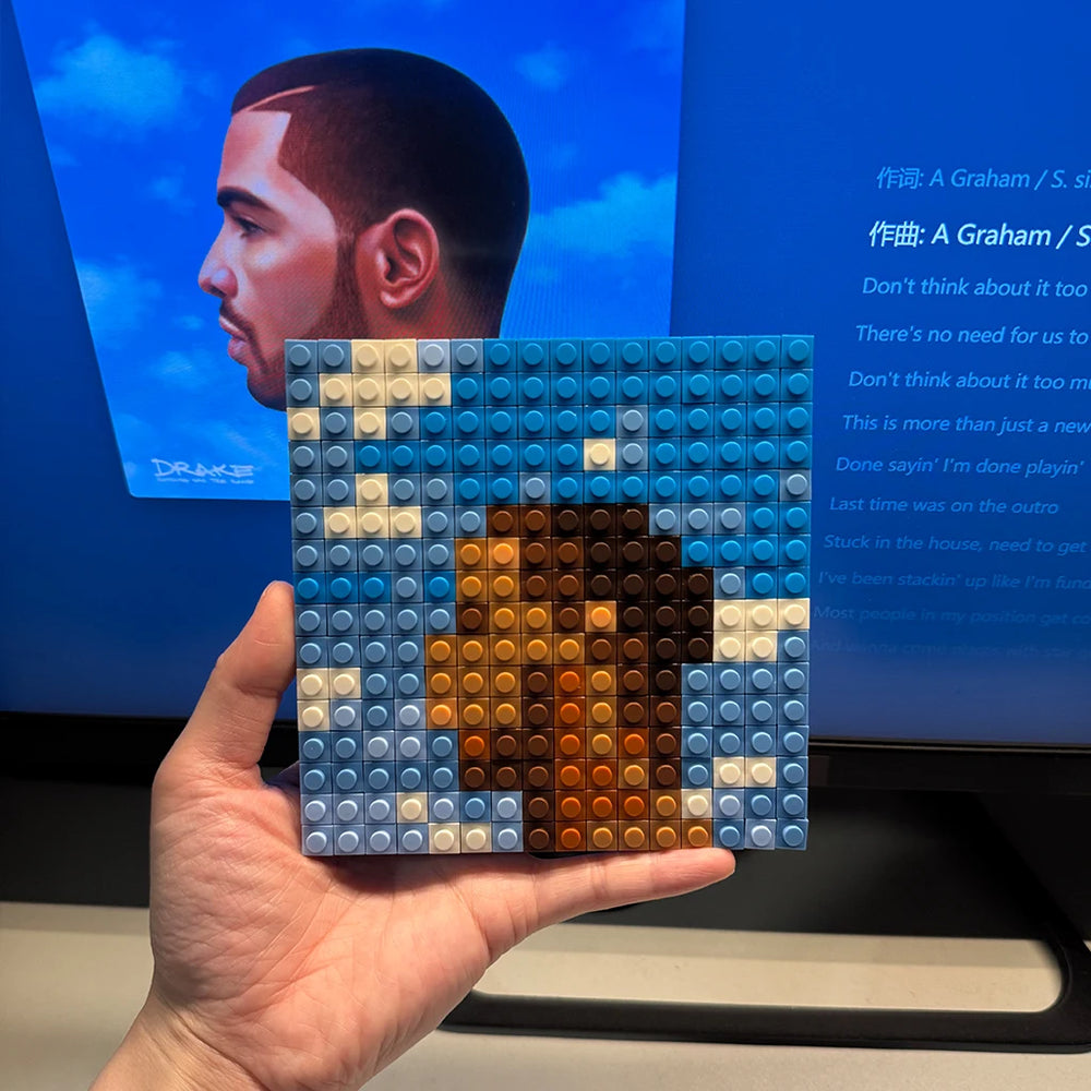 Brick mosaic album cover in pixel art — colorful building block music wall art