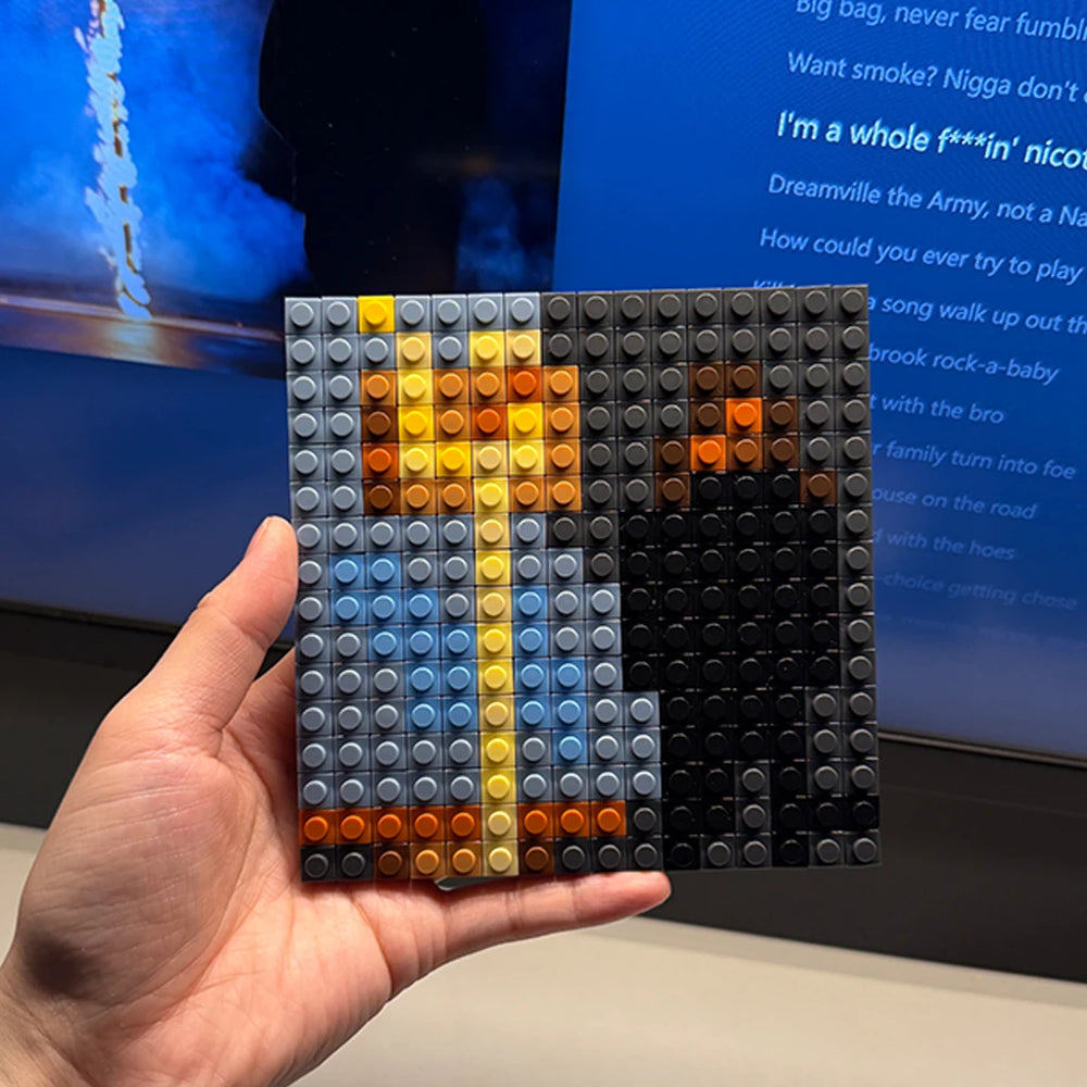 Brick mosaic album cover in pixel art — colorful building block music wall art