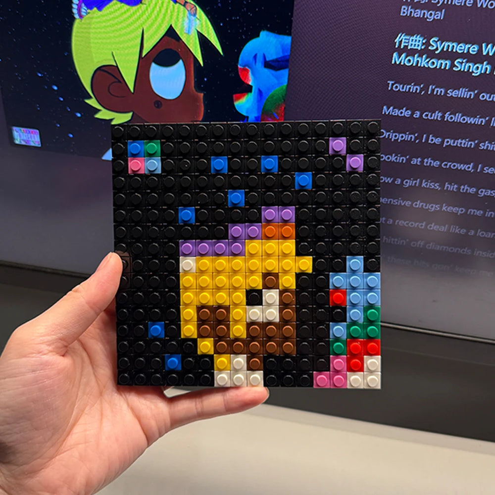Pixel building block album cover mosaic — bright brick art for music room decor