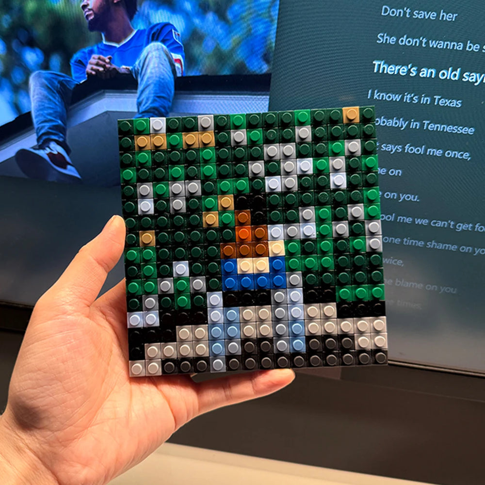 Colorful pixel art brick mosaic album cover — building block music wall display