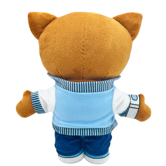 THE DROPOUT rapper plush collectible — silver beaded-chain pendant, wrist timepiece and denim-tone trousers