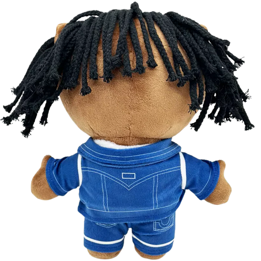 THE SOSA rapper plush collectible — oversized white-frame eyewear and charcoal rope-textured hair, hip-hop icon display figure