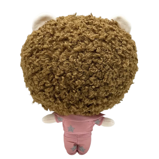 THE POST music plush collectible — soft sculpture showing barbed-wire hairline ink, dagger motifs and brunette curly hair