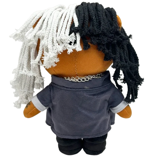 THE CHAOS rapper plush collectible — charcoal denim jacket, double-layer silver Cuban chain and circular X belt buckle