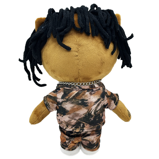 THE YOUNG BOY rapper plush collectible — hip-hop soft sculpture showing 38 neck monogram, facial script ink and silver beaded chain