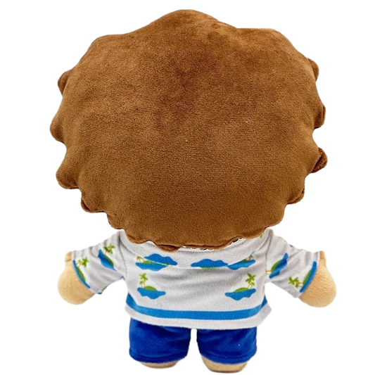 THE MARZ pop plush collectible — cobalt archival shorts, silver Cuban link chain and brunette wavy hair