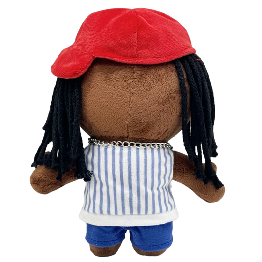 THE CARTER rapper plush collectible — charcoal dreadlocks, facial ink mapping and silver Cuban link chain, hip-hop icon display figure