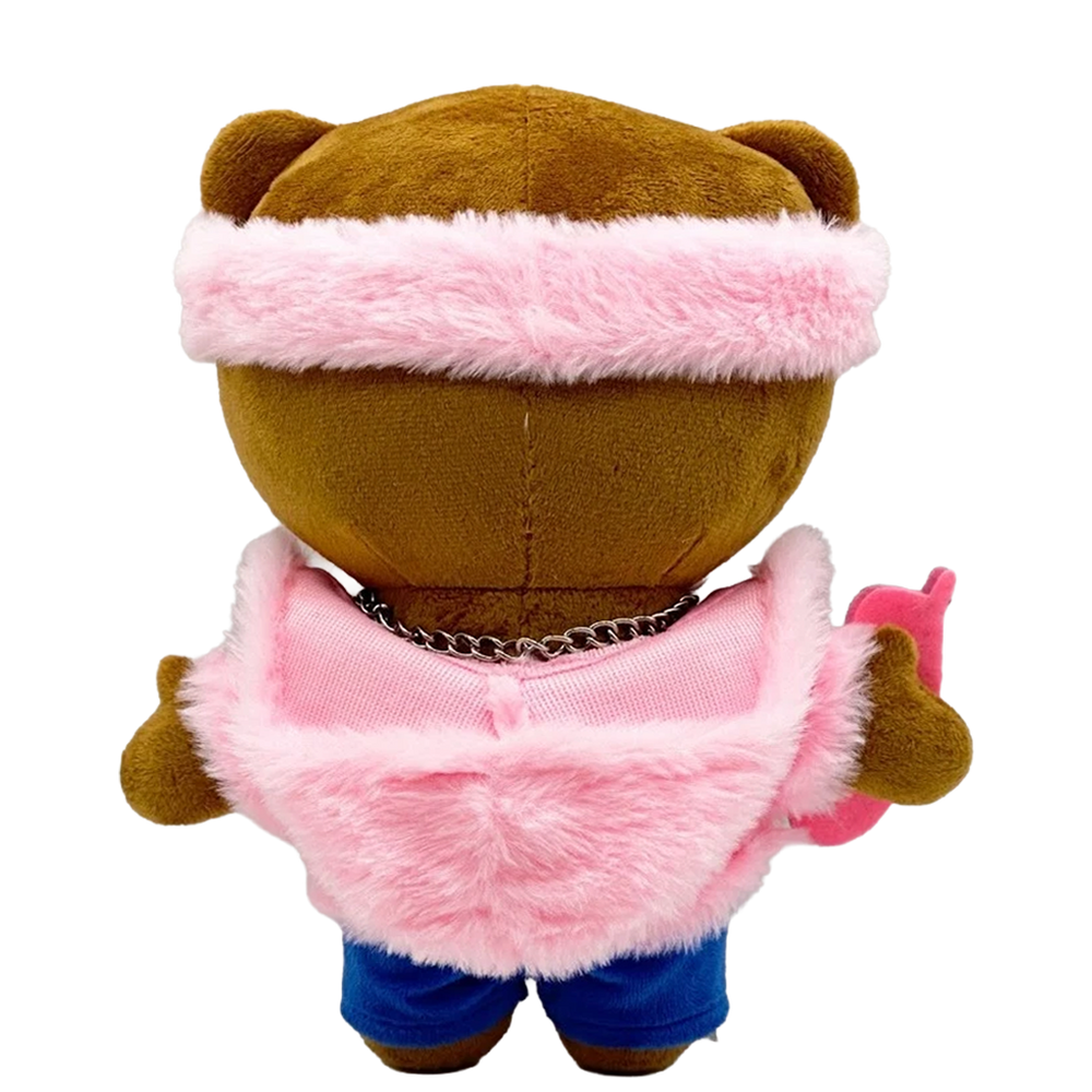 THE KILLA PINK rapper plush collectible, hip-hop soft sculpture showing miniature pink flip-phone and silver beaded chain