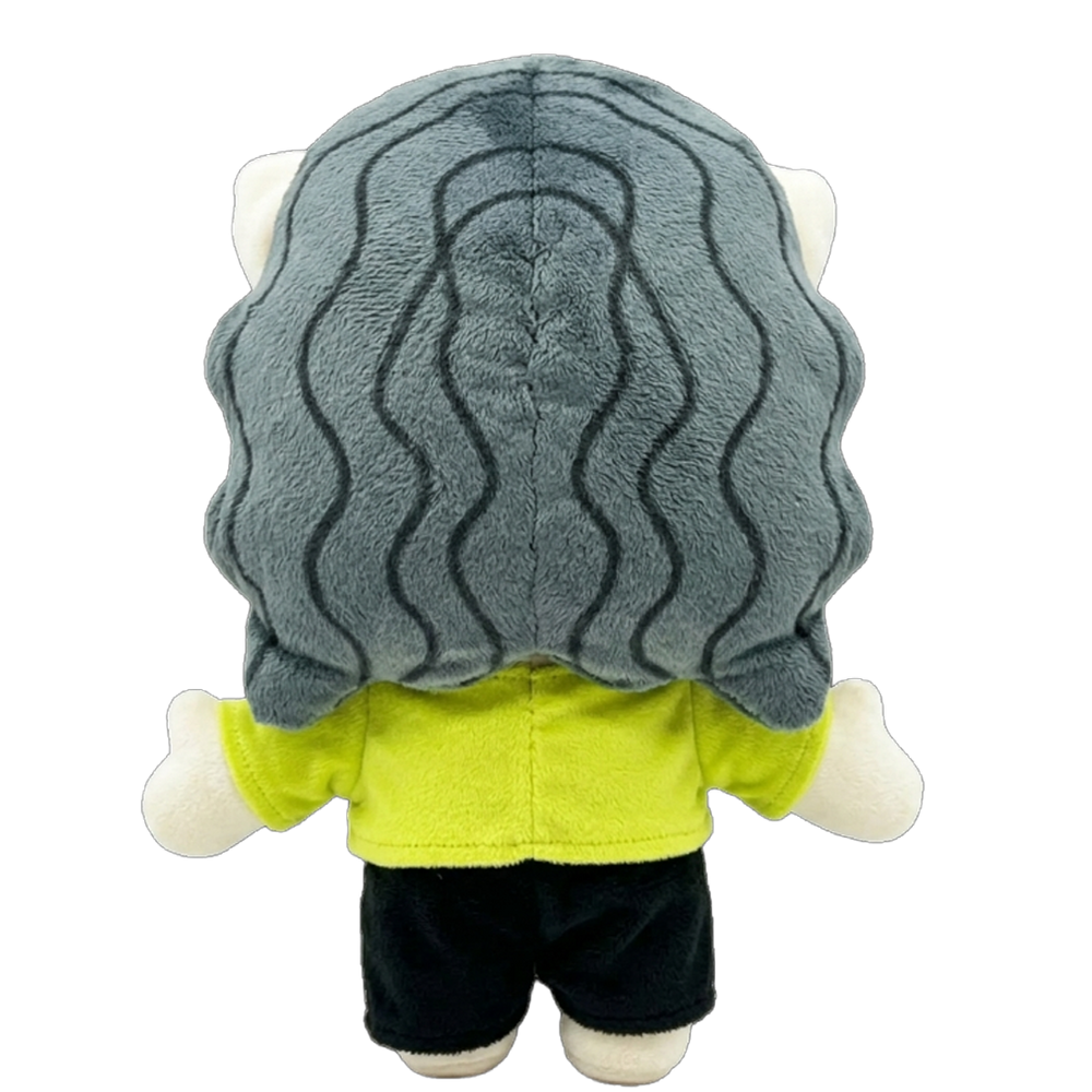 THE BRAT pop plush collectible, green lowercase-type cropped tee, black archival trousers and technical eyewear