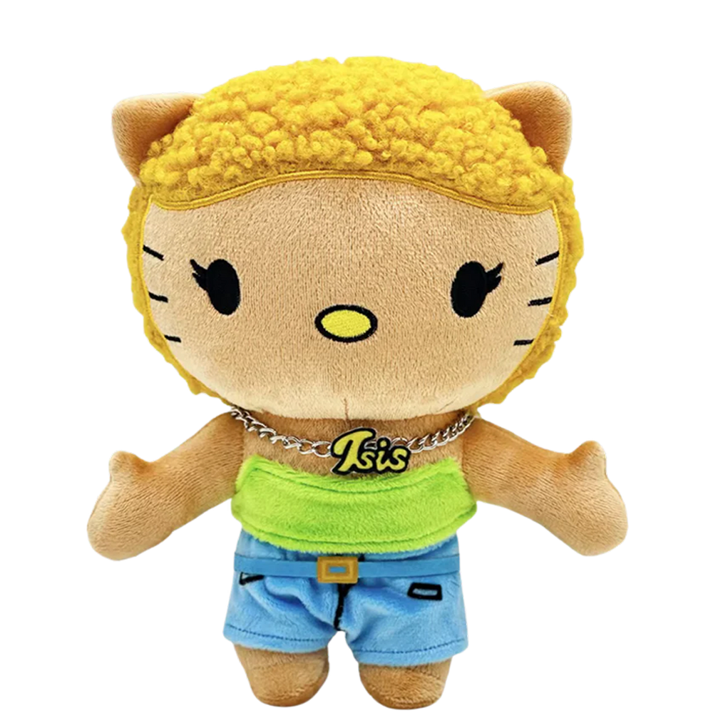 THE MUNCH rapper plush collectible, hip-hop soft sculpture figure in lime-green tube top, light-blue denim shorts and silver nameplate chain