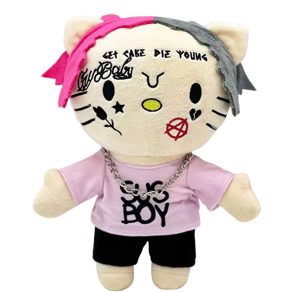 THE BEAMER BOY rapper plush collectible, soft sculpture figure with split-tone pink-and-grey hair and facial ink