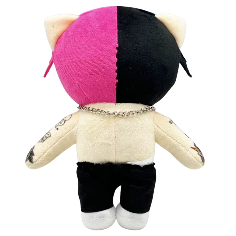 THE HELLBOY rapper plush collectible, silver Cuban link chain, black archival trousers and white technical footwear