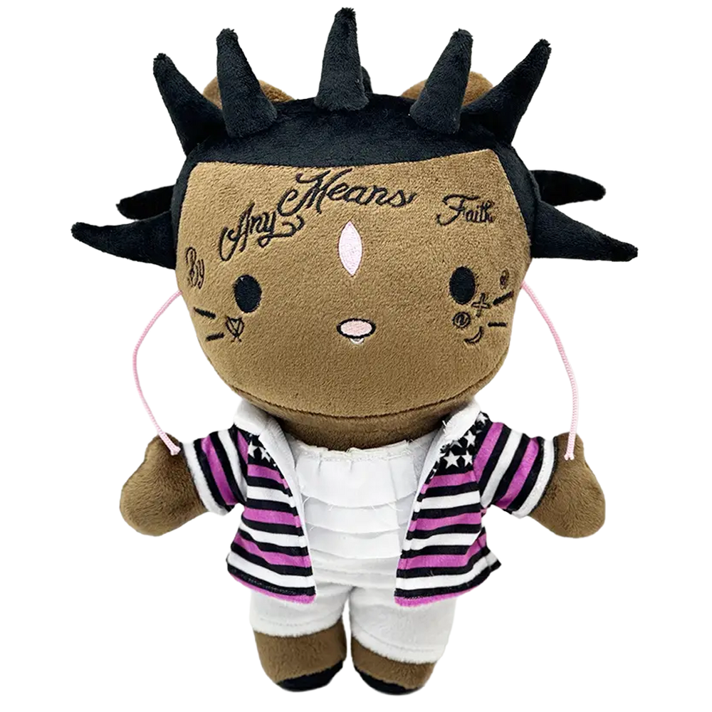 THE BABY PLUTO rapper plush collectible, hip-hop soft sculpture in pink-and-white striped star-patterned jacket
