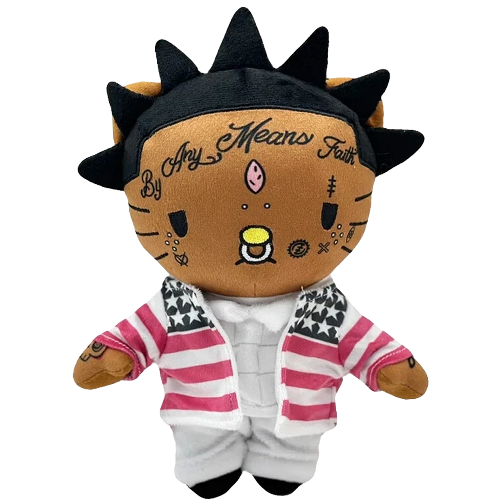 THE UZI VERT rapper plush collectible, soft sculpture in pink-and-white striped jacket with star-patterned lapels