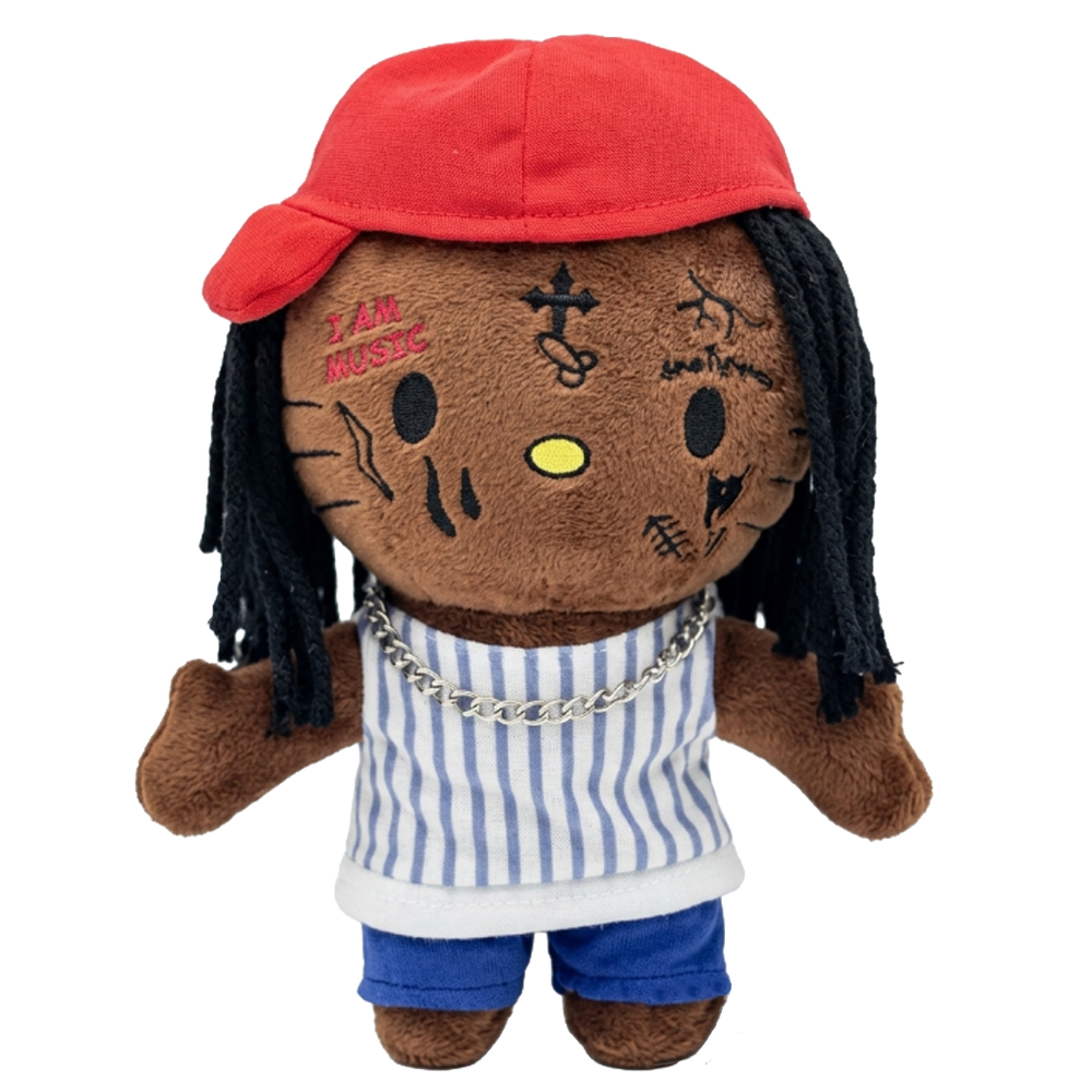 THE CARTER rapper plush collectible, soft sculpture in blue-and-white vertical-striped tank with red side-facing cap