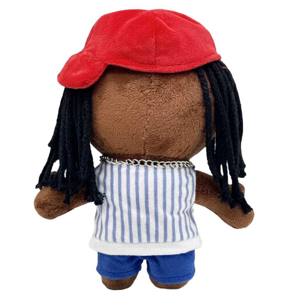 THE CARTER rapper plush collectible, charcoal dreadlocks, facial ink mapping and silver Cuban link chain, hip-hop icon display figure