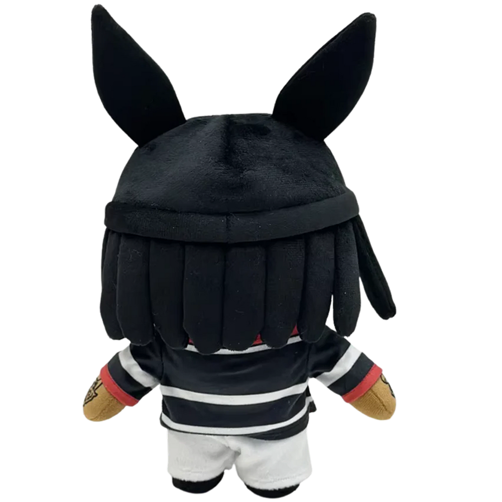 THE VAMP CARTI rapper plush collectible, hip-hop soft sculpture showing black bunny-ear beanie, septum ring and neck script