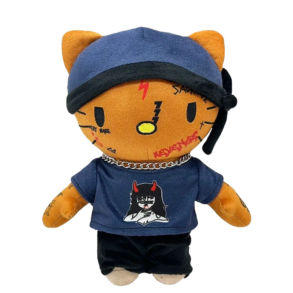 THE SLUMP GOD rapper plush collectible, hip-hop soft sculpture figure with black durag, navy graphic tee and silver beaded chain