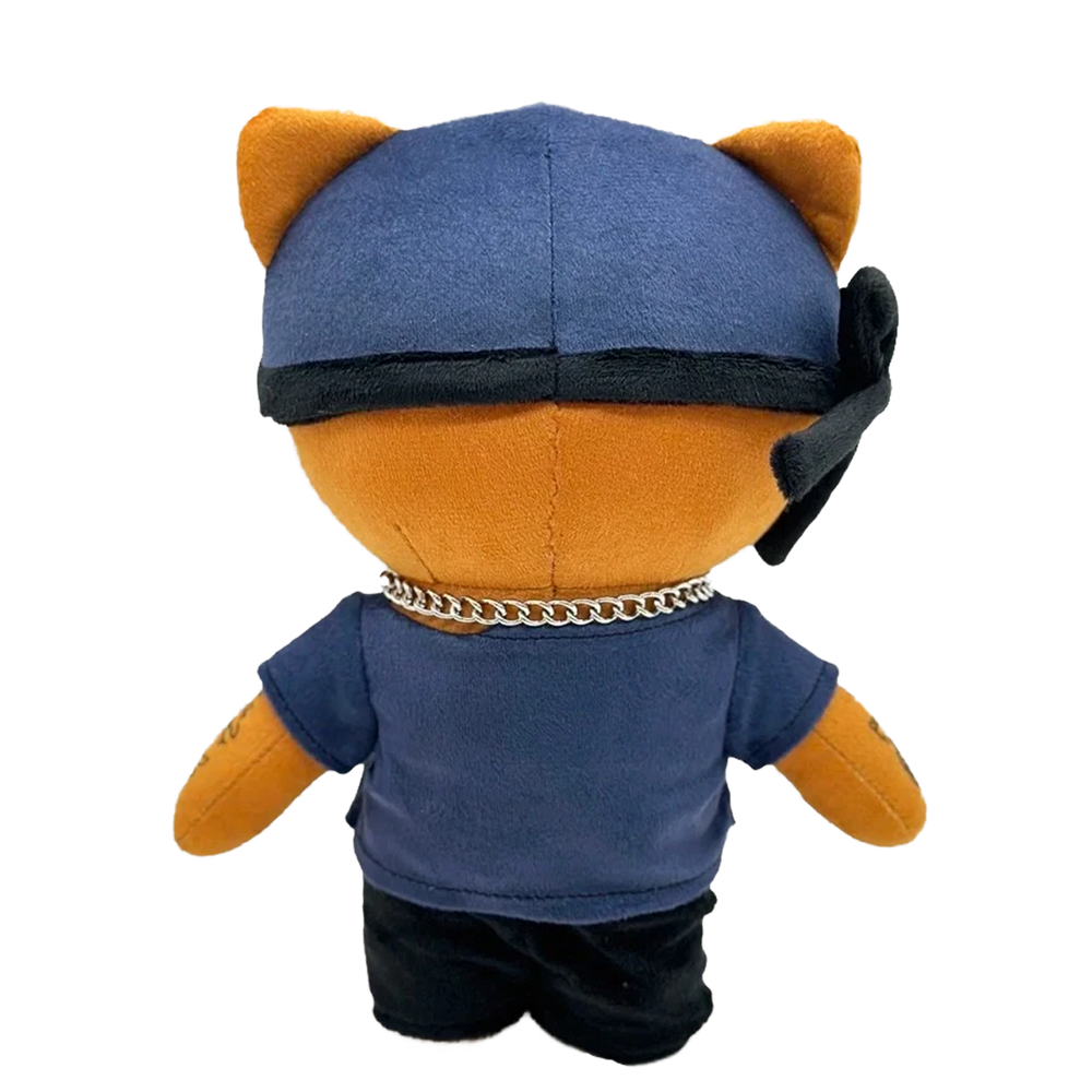 THE SLUMP GOD rapper plush collectible, hip-hop soft sculpture showing scarlet lightning-bolt forehead motif and red-black ink mapping