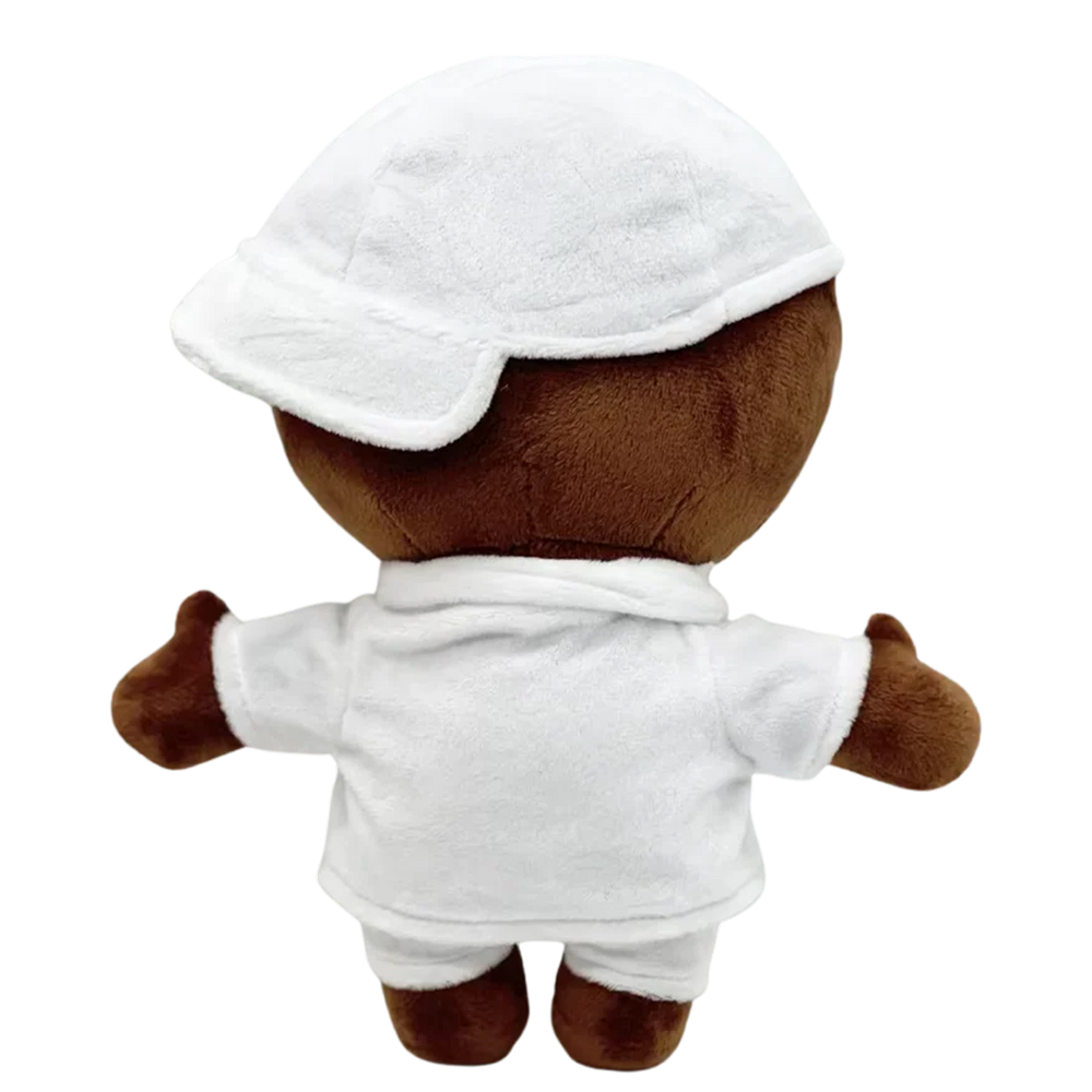 THE FIRST EVER rapper plush collectible, charcoal peacoat over black mock-neck with silver Cuban link chain