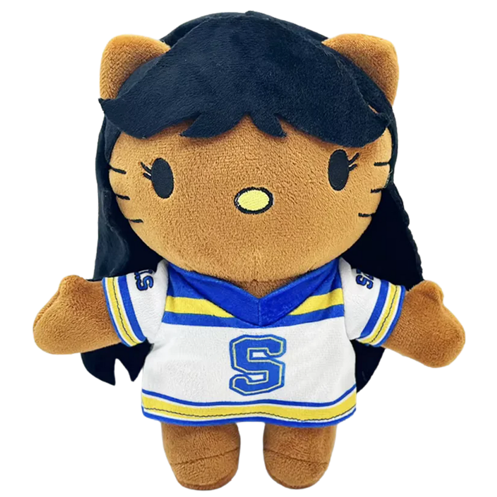 THE CTRL R&B plush collectible, soft sculpture figure in oversized blue-and-yellow varsity jersey with S monogram