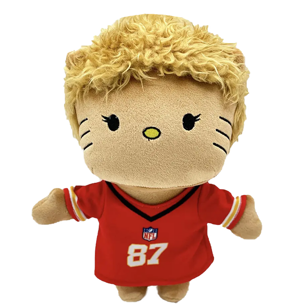 THE SWIFT pop plush collectible, soft sculpture figure in red varsity jersey with white 87 monogram and tri-tone sleeve trim