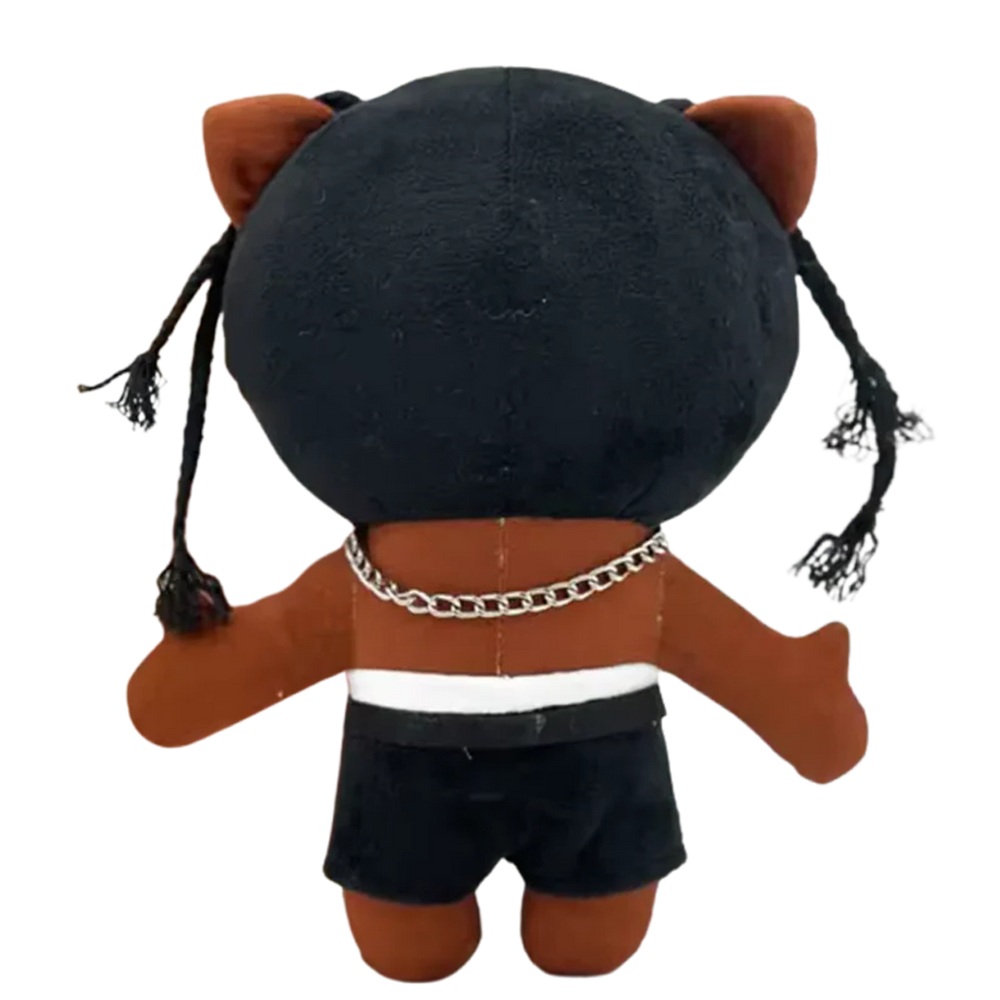 THE CACTUS JACK rapper plush collectible, hip-hop soft sculpture showing FREE facial script, torso ink mapping and braided hair