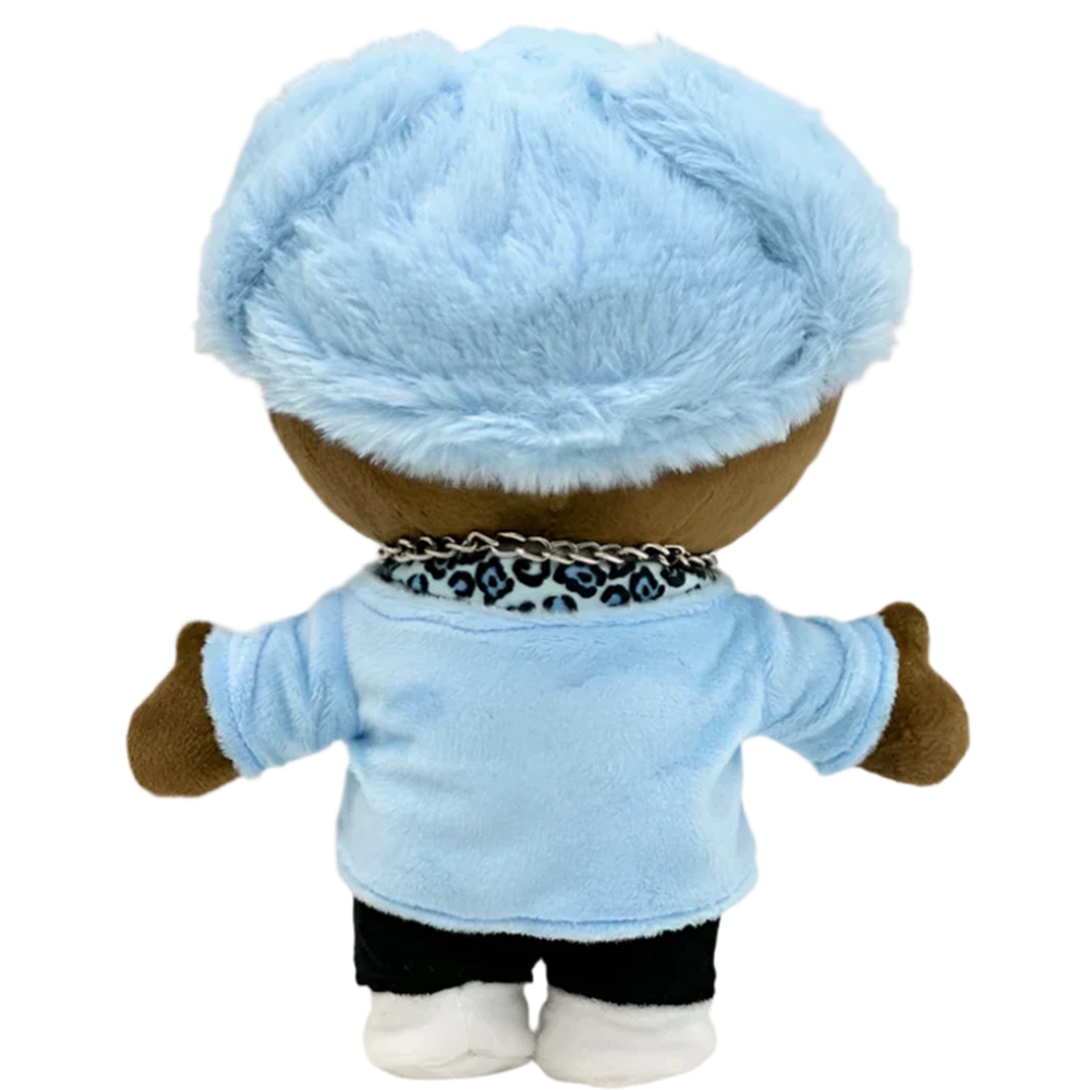 THE CREATOR rapper plush collectible, oversized baby-blue fluff headwear and silver Cuban link chain, hip-hop icon display figure