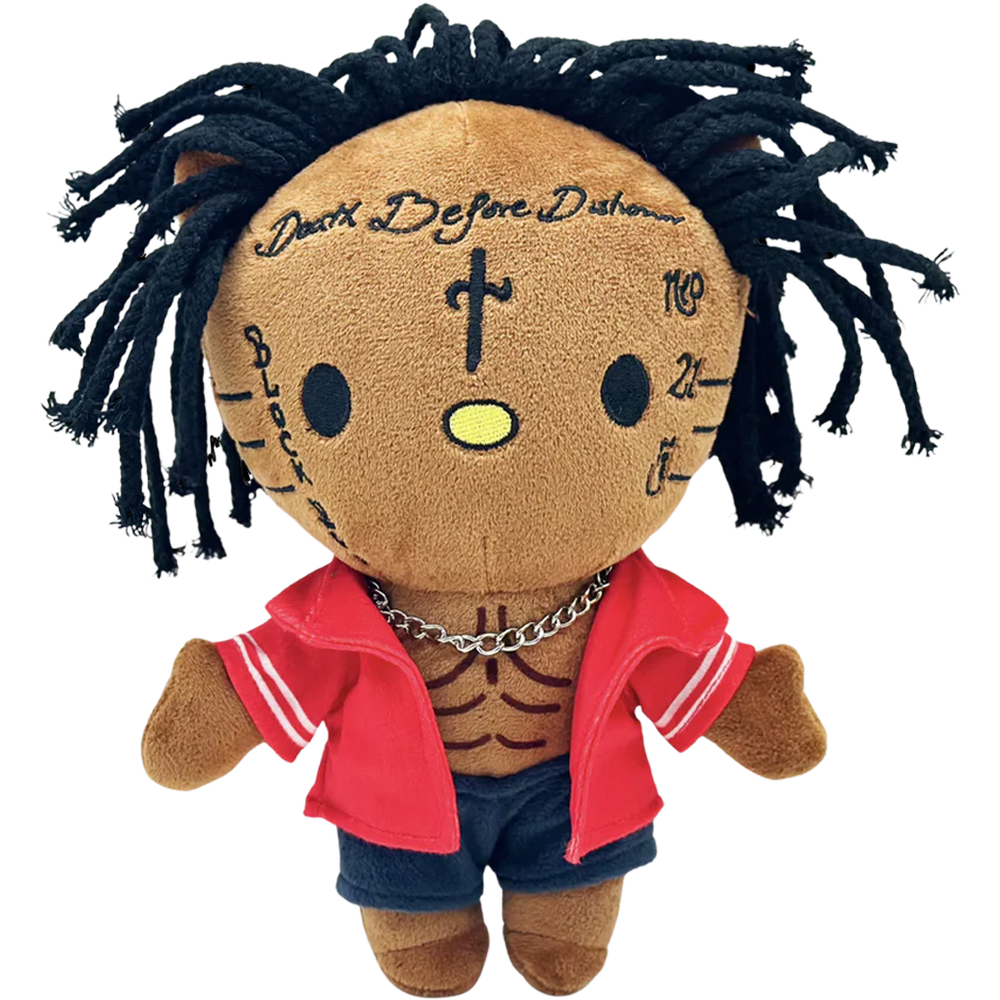 THE 21 rapper plush collectible, hip-hop soft sculpture figure in red open varsity jacket with white striping and navy shorts
