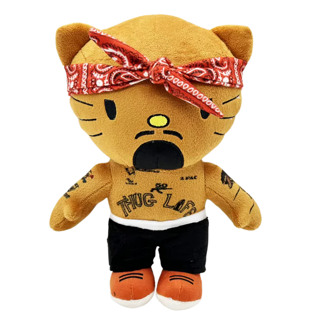 THE TWO PAC rapper plush collectible, soft sculpture figure with red paisley front-knot bandana and embroidered chest ink