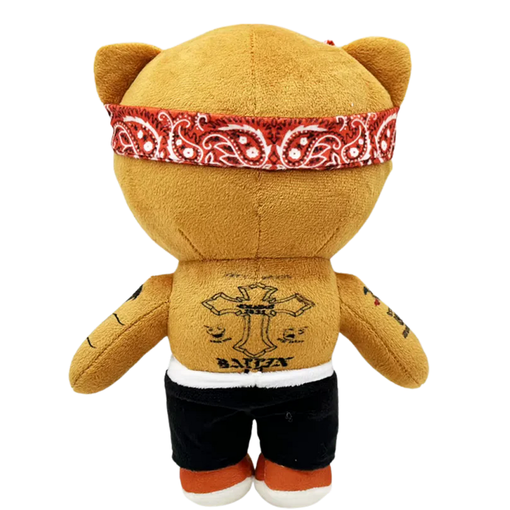 THE TWO PAC rapper plush collectible, black archival shorts with white waistband and orange-and-white technical footwear