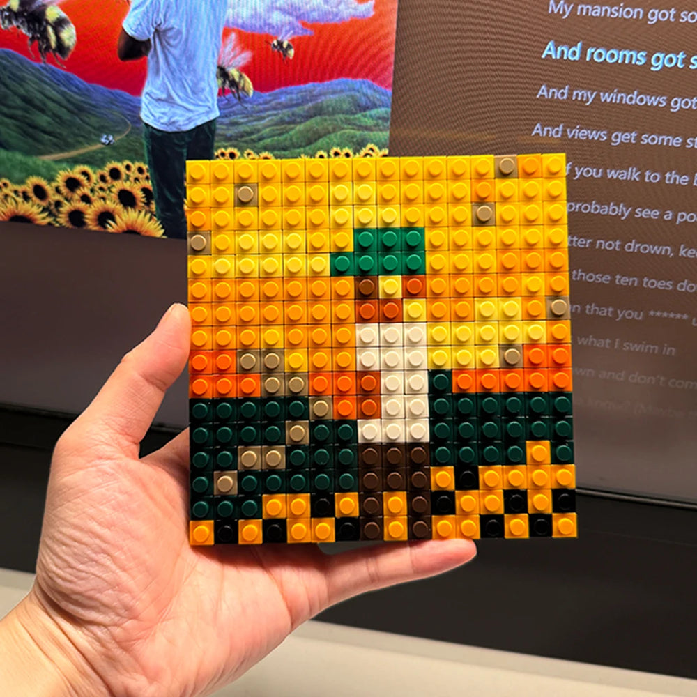 Pixel building block album cover mosaic — bright brick art for music room decor