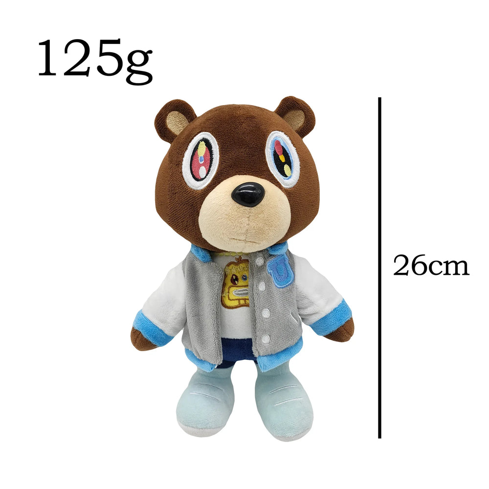 Kanye West brown jacket custom icon plushie, 30cm bear in a brown jacket over a burgundy tee carrying a small bear graphic, view 10
