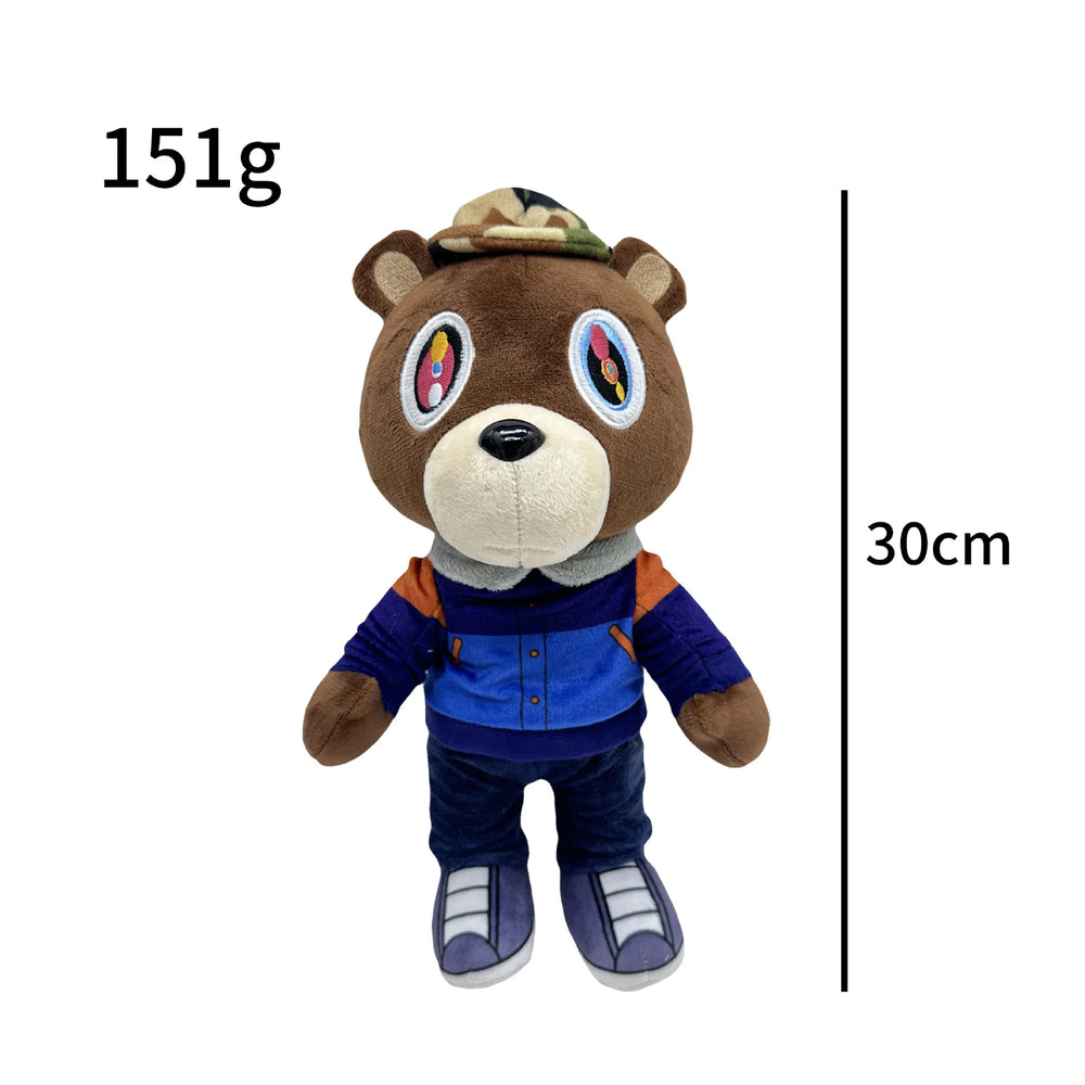 Kanye West varsity custom icon plushie, 26cm bear in a white and grey varsity jacket over a graphic tee, view 9
