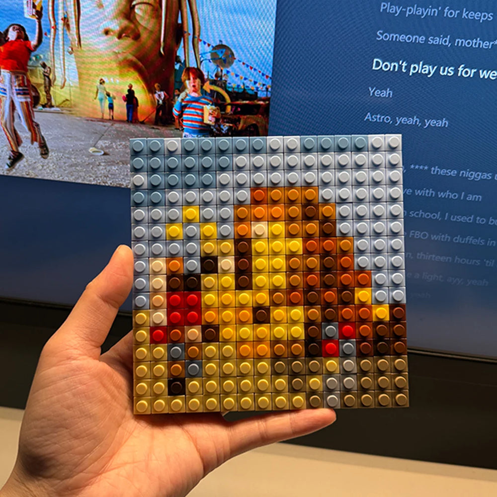 Colorful pixel art brick mosaic album cover — building block music wall display