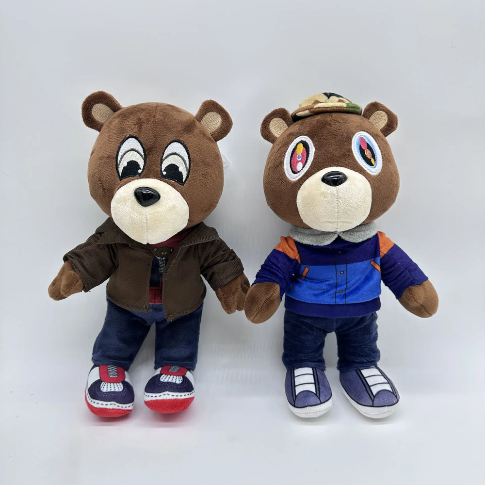 Kanye West brown jacket custom icon plushie, 30cm bear in a brown jacket over a burgundy tee carrying a small bear graphic, view 3