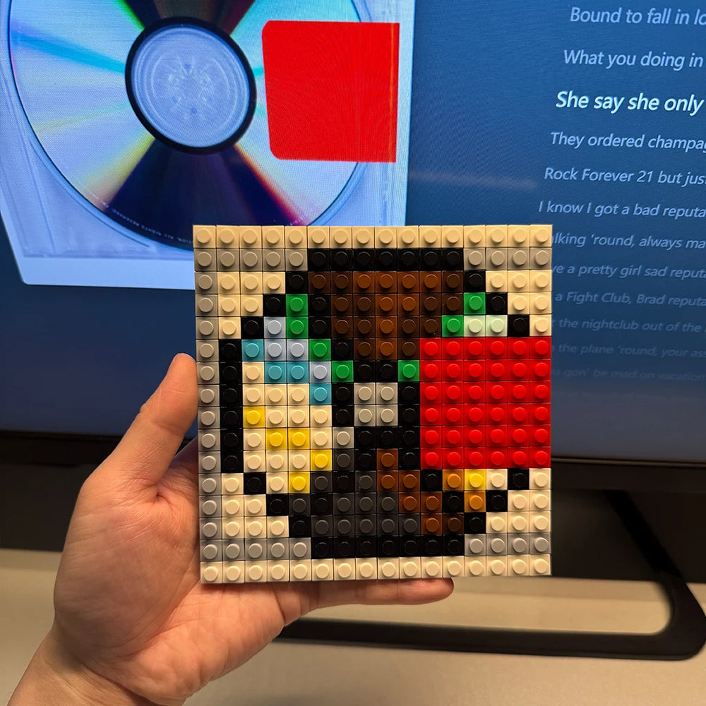 Colorful pixel art brick mosaic album cover — building block music wall display