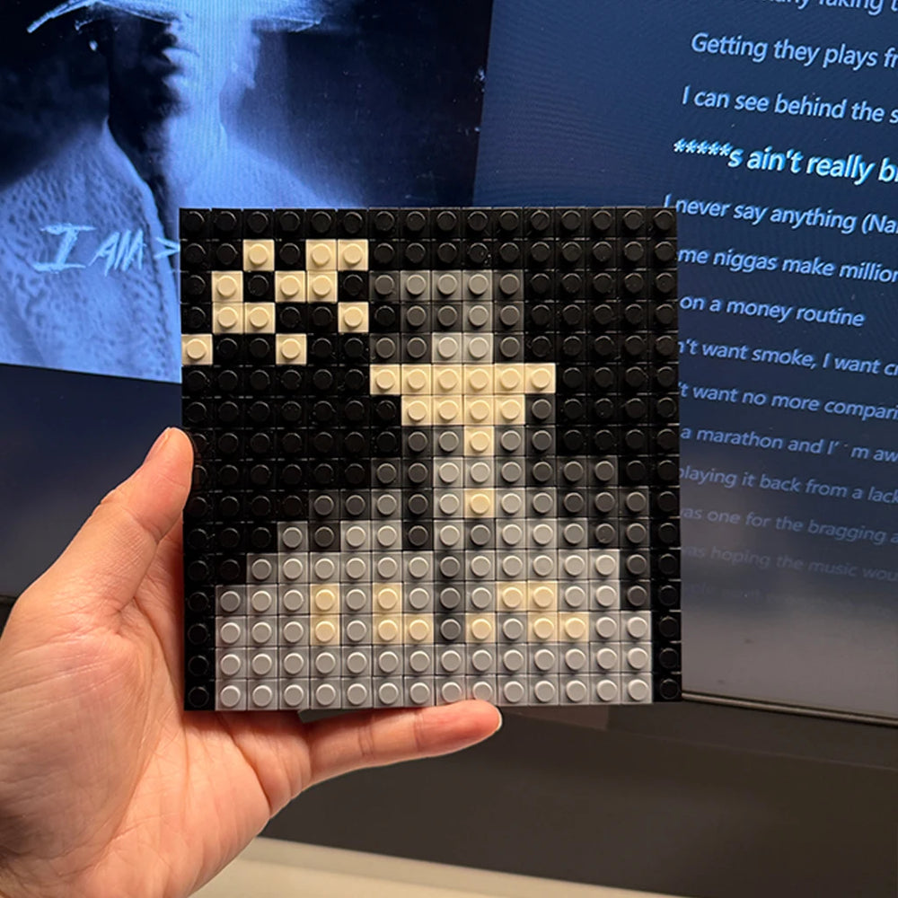 Colorful pixel art brick mosaic album cover — building block music wall display
