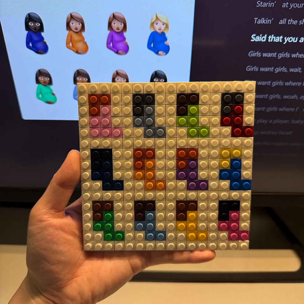 Pixel building block album cover mosaic — bright brick art for music room decor