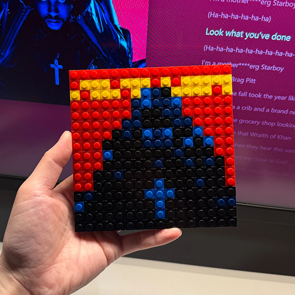 Album cover pixel mosaic in building bricks — vibrant DIY music wall art set