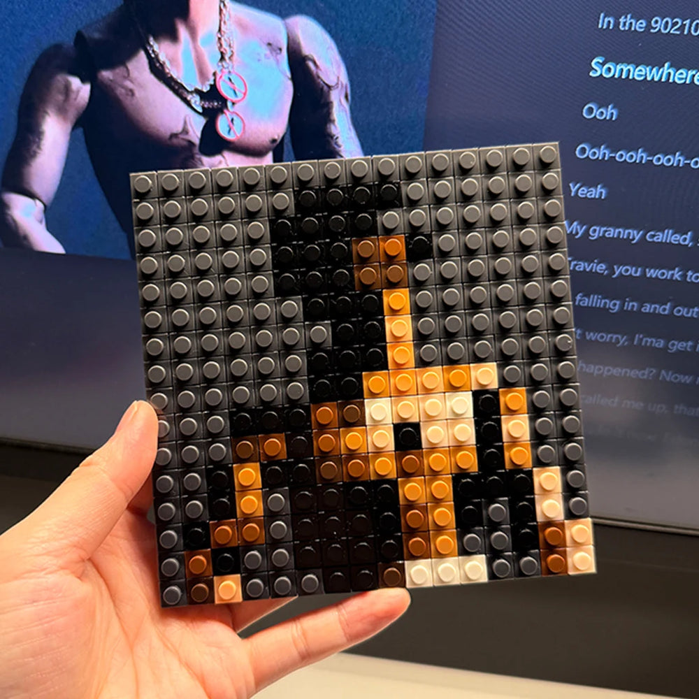 Brick mosaic album cover in pixel art — colorful building block music wall art
