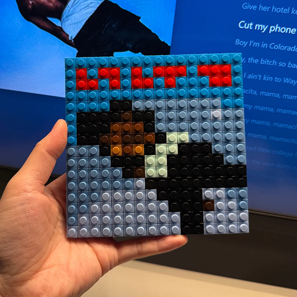 Brick mosaic album cover in pixel art — colorful building block music wall art