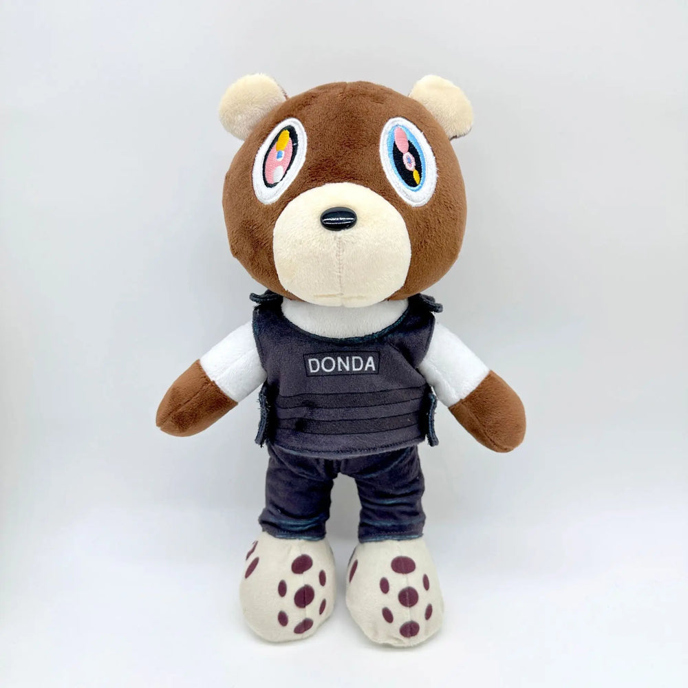 Kanye West donda custom icon plushie, 30cm bear in a black tactical vest printed DONDA over a white long-sleeve tee, view 5