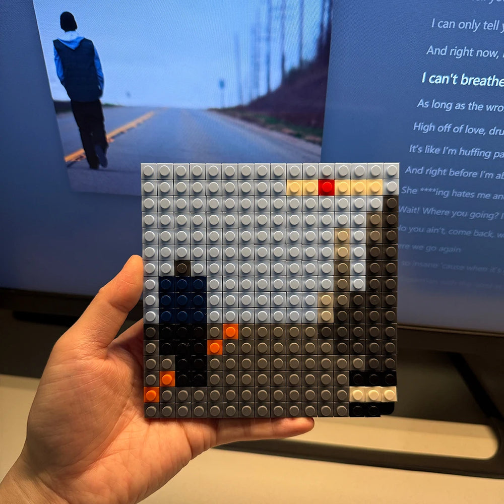 Colorful pixel art brick mosaic album cover — building block music wall display