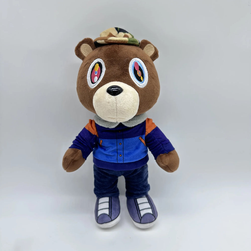 Kanye West brown jacket custom icon plushie, 30cm bear in a brown jacket over a burgundy tee carrying a small bear graphic, view 7
